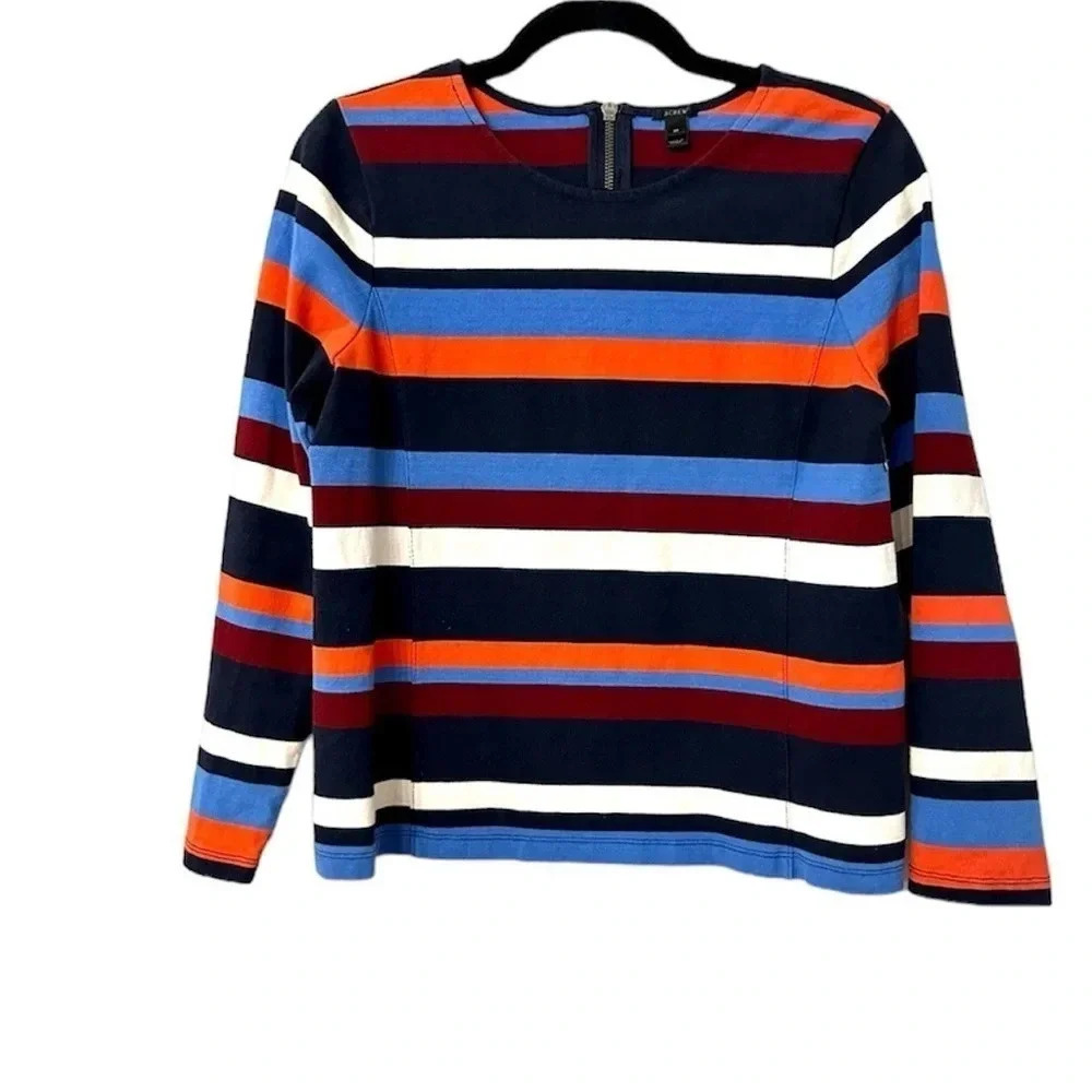 J. Crew Women's Long Sleeve Multicolor Striped Top with Zipper Back Size M GUC